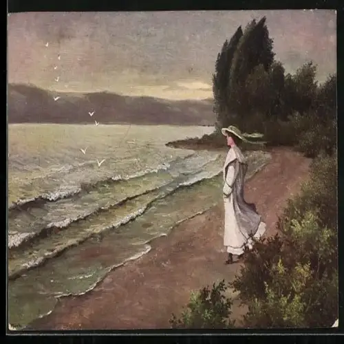 Künstler-AK Elly Frank: Spaziergängerin am Starnberger See