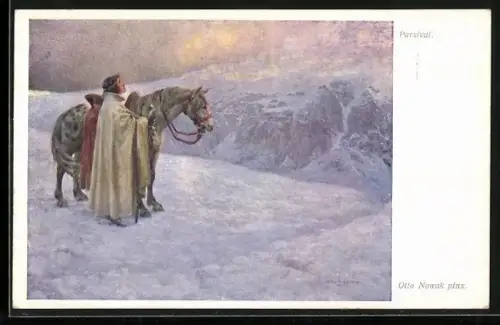 Künstler-AK Parsifal, Motiv mit Pferd im Schnee