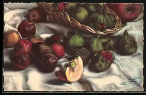 Künstler-AK Carlo Chiostri: Stillleben mit Feigen und Äpfeln