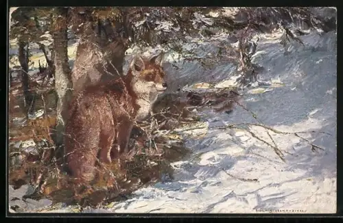 Künstler-AK Fuchs im Winterwald
