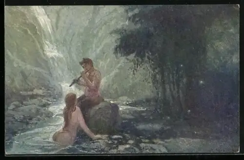 AK junger Mann spielt seine Flöte um Nixen anzulocken