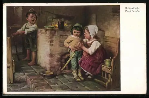 Künstler-AK Hermann Kaulbach: Zwei Feinde, Weibliche Vermittlungskünste