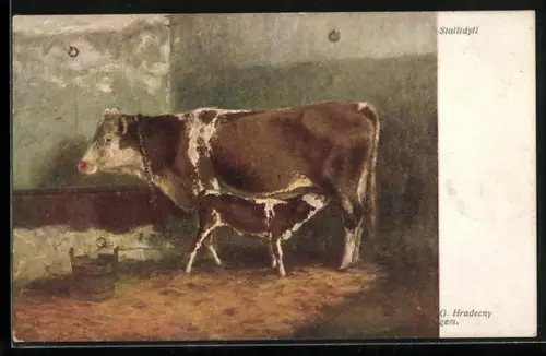 Künstler-AK Bild einer Kuh im Stall