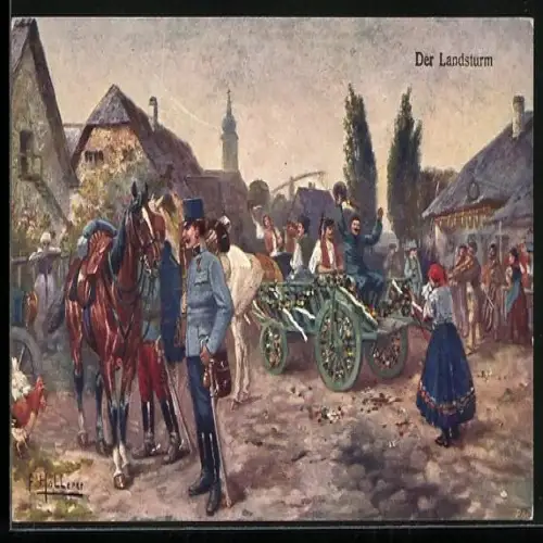 Künstler-AK Der Landsturm, österreichische Soldaten bei einem Festumzug, Rotes Kreuz