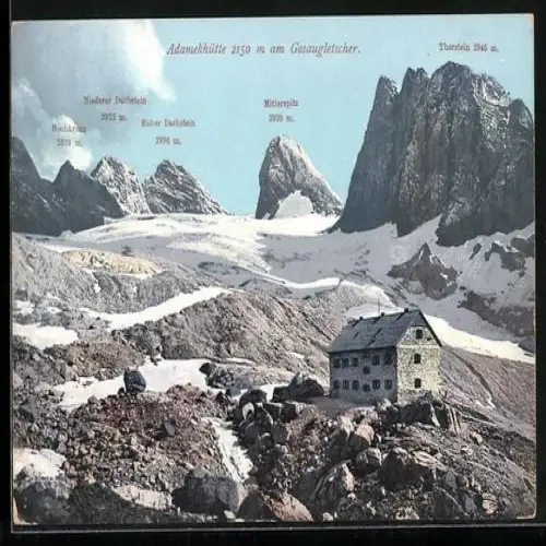 AK Adamekhütte, Ansicht mit Thorstein, Mitterspitz, Dachstein und Hochkreuz