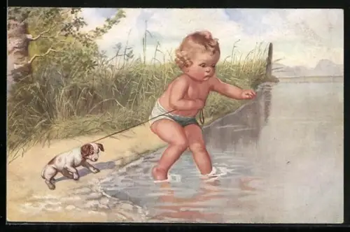 AK Und folgst Du nicht willig..., Säugling zerrt Welpe in`s Wasser