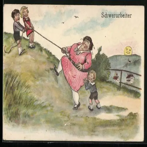 Künstler-AK Drei Kinder ziehen eine Frau einen Hügel hoch