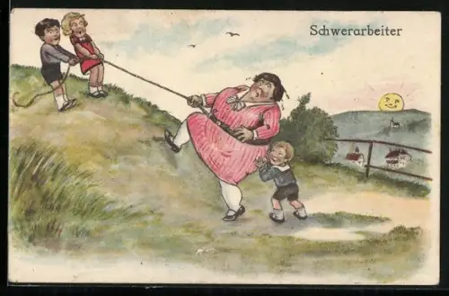 Künstler-AK Drei Kinder ziehen eine Frau einen Hügel hoch