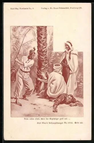 Künstler-AK Beim ersten Hiebe schrie der Gezüchtigte grell auf... Karl May`s Reiserzählungen Bd. XVII. Seite 426