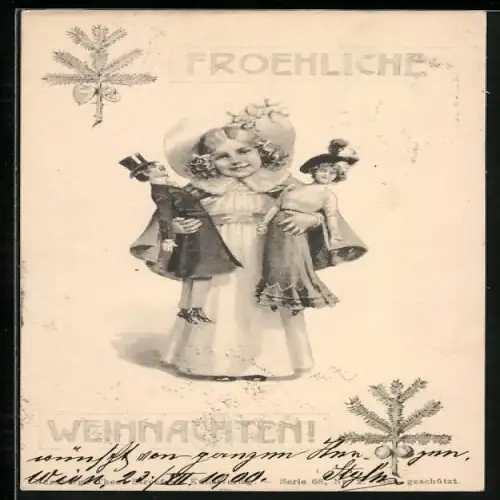 Künstler-AK Theo Zasche: Mädchen mit Eltern-Puppen, Weihnachtsgruss