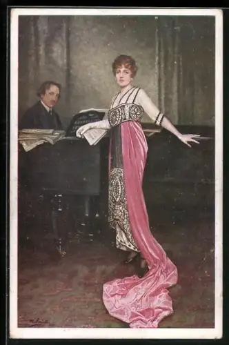AK Die Künstlerin, Frau im Kleid bei einem Mann am Klavier