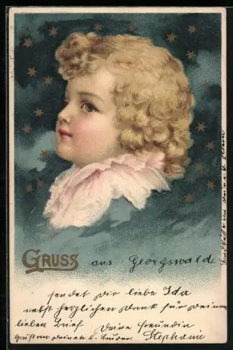 Lithographie Kopf eines Blondschopfs am Sternenhimmel