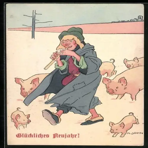 Künstler-AK sign. M. John: Schweinehirt mit Flöte im Winter, Neujahrsgruss