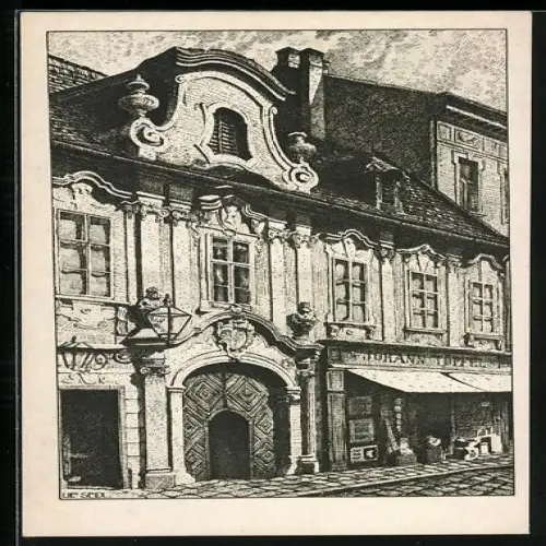 Künstler-AK Ulf Seidl: Wien, Blick auf Wohnhaus, Johann Töpfel-Geschäft