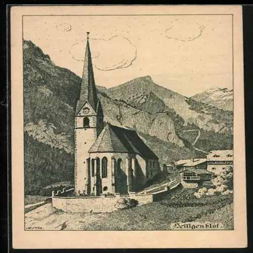 Künstler-AK Ulf Seidl: Heiligenblut, Kirche am Berghang