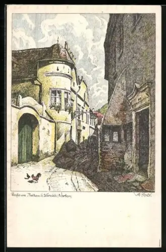 Künstler-AK Ulf Seidl: Dürnstein /Donau, Strasse und Rathaus