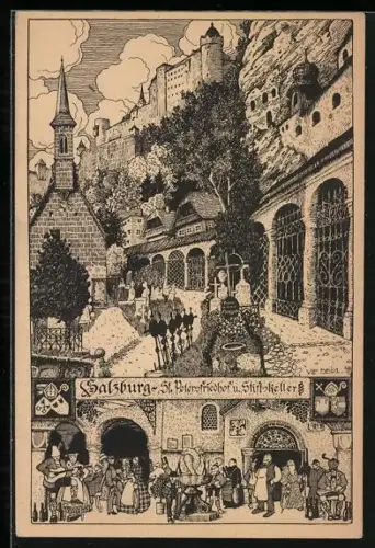 Künstler-AK Ulf Seidl: Salzburg, St. Petersfriedhof u. Gasthaus Stiftskeller, Wappen