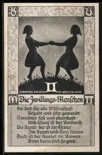 AK Die Zwillings-Menschen, geb. zwischen 21. Mai und 21. Juni, Eigenschaften im Gedicht erzählt