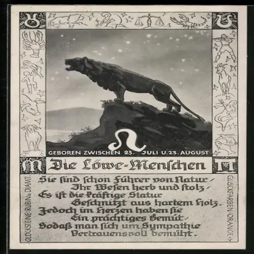 AK Sternzeichen Löwe, brüllender Löwe auf einem Fels, Gedicht