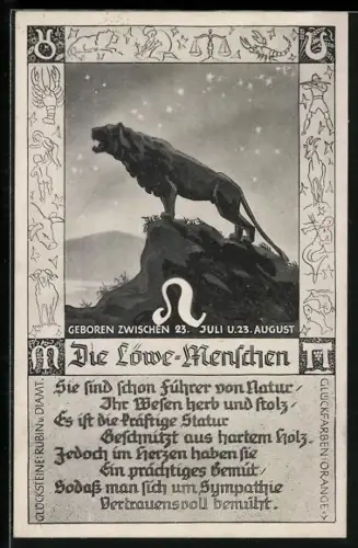 AK Sternzeichen Löwe, brüllender Löwe auf einem Fels, Gedicht