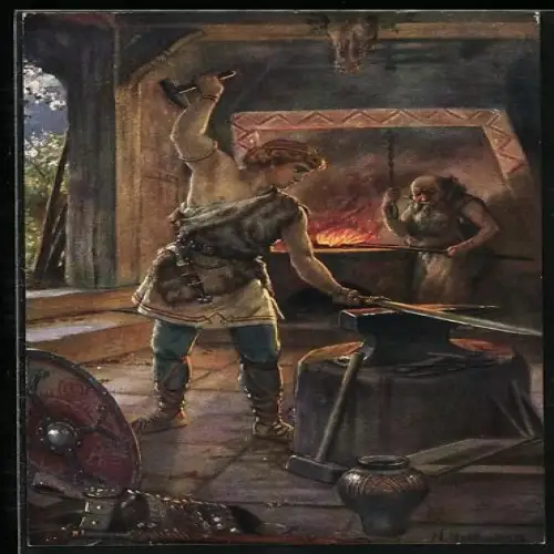 Künstler-AK Heinrich Hoffmann: Nibelungen-Sage, Siegfried schmiedet das Schwert Balmung