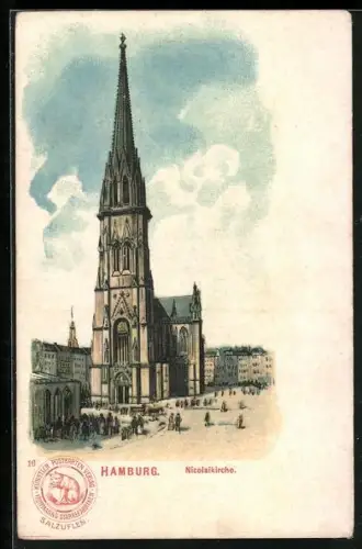 Lithographie Hamburg, Nicolaikirche aus der Vogelschau