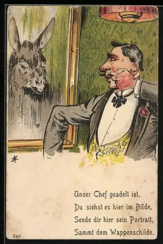 AK Mann erblickt im Spiegel einen Esel