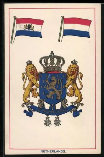AK Netherlands, Fahne und Wappen der Niederlande, Heraldik