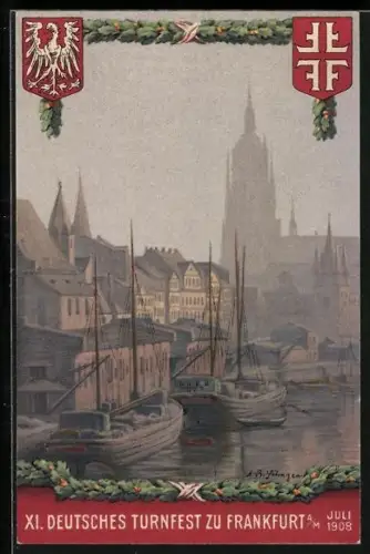 AK Frankfurt, XI. Deutsches Turnfest 1908, Uferpartie mit angelegten Segelbooten und Blick auf Kirchturm