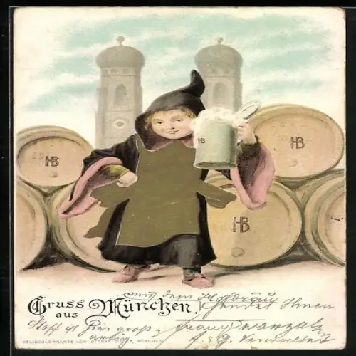 Künstler-AK München, Münchner Kind mit Krug und Fässern vor der Kirche