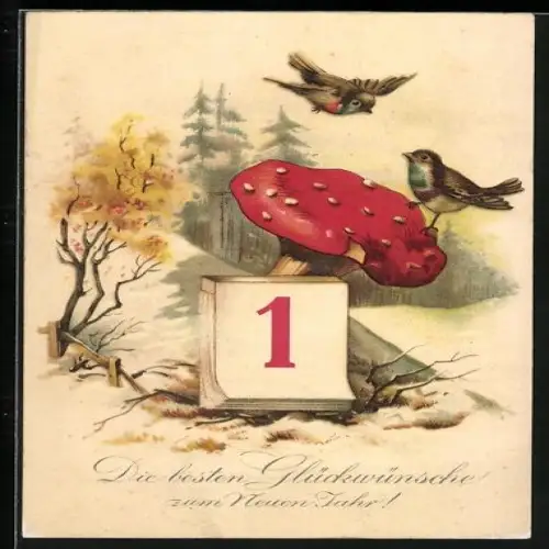 Künstler-AK Komiker, Neujahresgruss, Vögel mit Kalender, goldene Zier