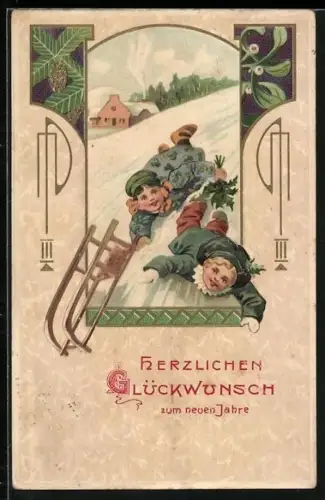 AK Kinderpaar ist mit dem Schlitten gestürzt, Neujahrsgruss