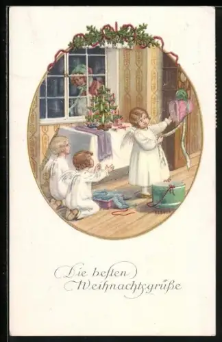 Künstler-AK Pauli Ebner: Kleine Engel packen die Weihnachtsgeschenke aus