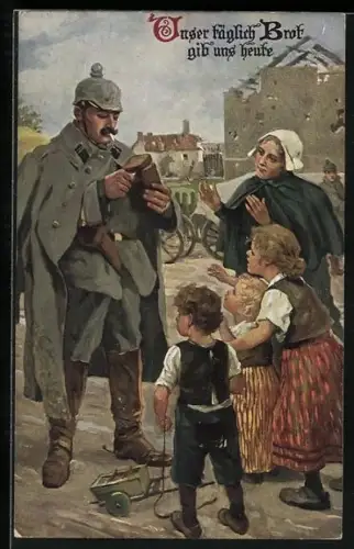 AK Soldat teilt sein Brot mit Kindern des Feindes