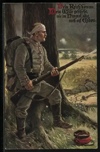 AK Soldat mit Gewehr und Kopfwunde im Gefecht, Illustration des Gebets Vater unser