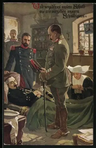 AK deutscher Offizier betet am Lager eines französischen Verwundeten, Nonne