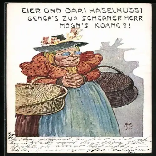 AK Eier ond Oar! Haselnuss! Genga`s zua scheaner Herr mögn`s koane?!, Alte Bäuerin auf dem Weg zum Markt