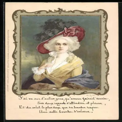 Künstler-AK Meissner & Buch (M&B): junge Dame im Kleid mit rotem Hut