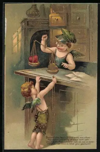 AK Zwei Englein mit zwei Herzen auf einer Waage