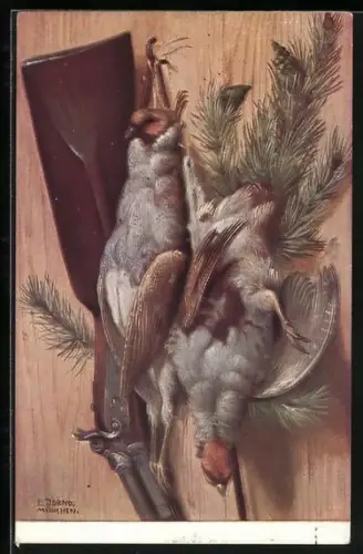 Künstler-AK E. Dorno: erlegte Vögel