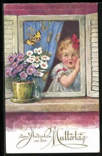 AK Mädchen am Fenster mit Schmetterling, Muttertagsgruss