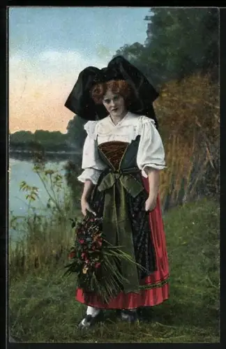 AK Elsässerin in Tracht, Alsacienne, elsass-lothringische Tracht