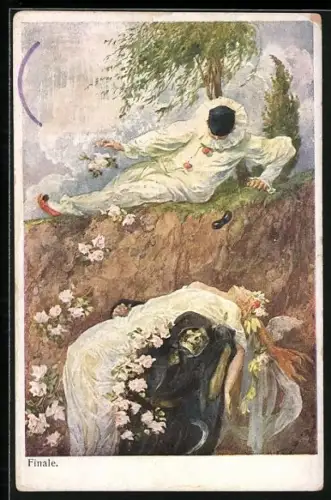 Künstler-AK Finale, Harlekin schaut zu wie der Tod ein Mädchen entführt