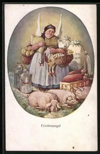 Lithographie Kriegsnot, Friedensengel mit Schweinen, Mehl und Milchkannen
