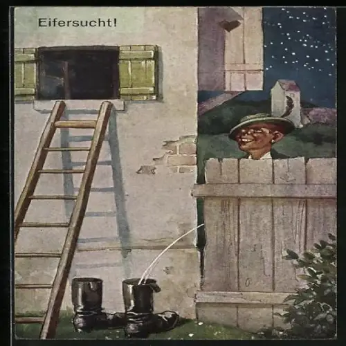 AK Eifersucht, Mann uriniert seinem Nebenbuhler in die Stiefel, Toilettenhumor