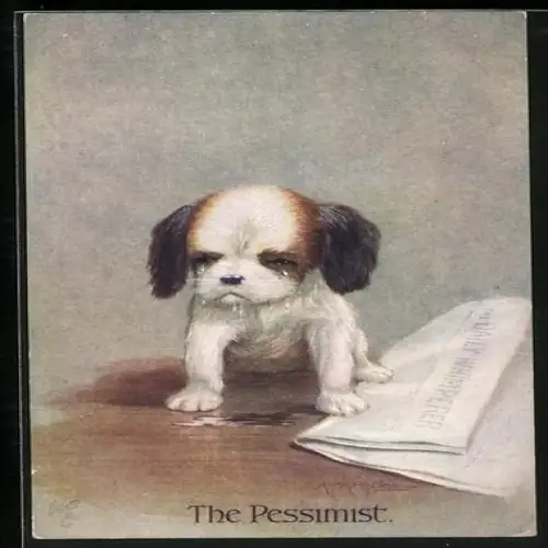 Künstler-AK Raphael Tuck & Sons Nr.8856: The Pessimist - Welpe sitzt weinend neben einer Zeitung