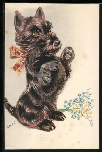 AK Terrier macht Männchen, Vergissmeinnicht