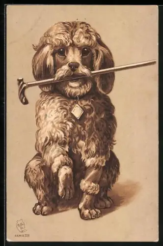 Lithographie Pudel trägt einen Stock im Maul