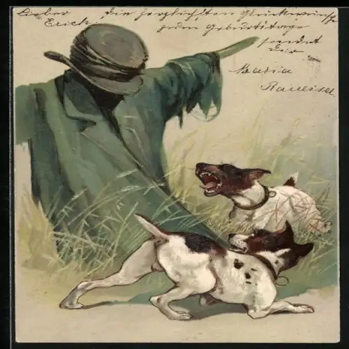 Lithographie Zwei wütende Hunde verbellen eine Vogelscheuche