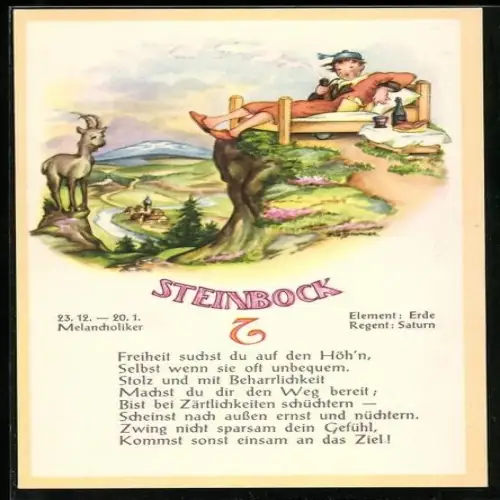 AK Sternzeichen Steinbock, Mann in einem Bett auf einem Berg